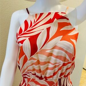 Ann Taylor Red and Orange Leaf Print Midi Dress